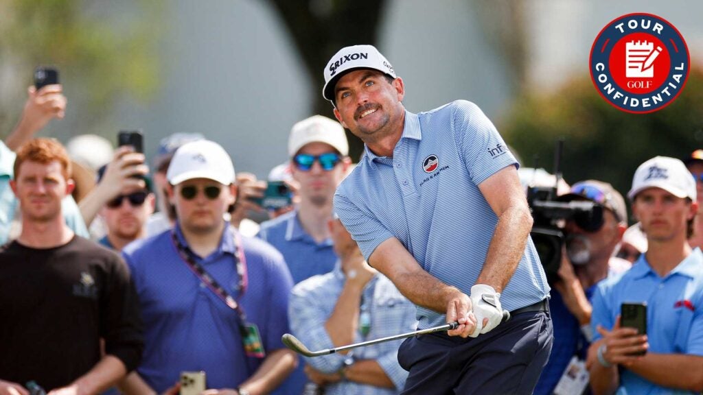 keegan bradley swings wedge in blue shirt at the arnold palmer invitational