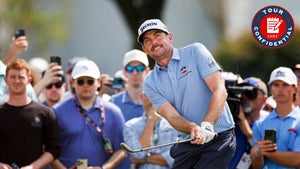 keegan bradley swings wedge in blue shirt at the arnold palmer invitational