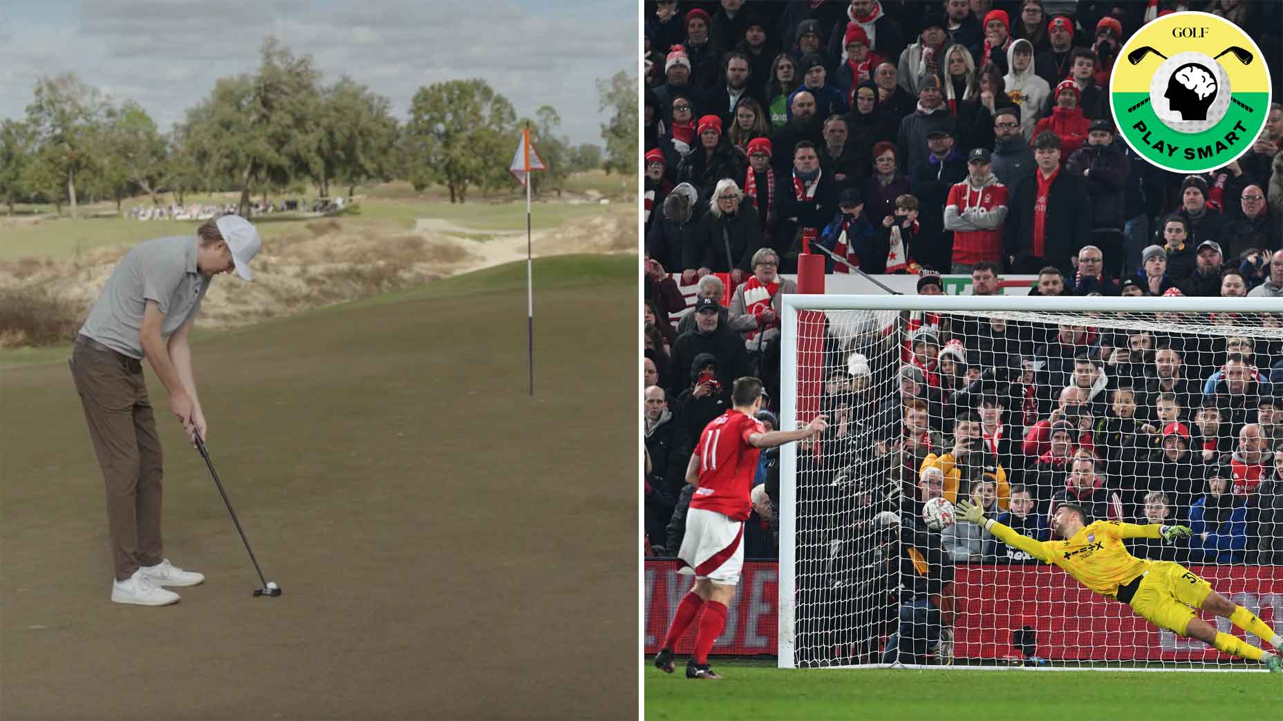 left: zephyr melton lines up for putt. right: goalie dives to save shot in front of soccer player with crowd in background