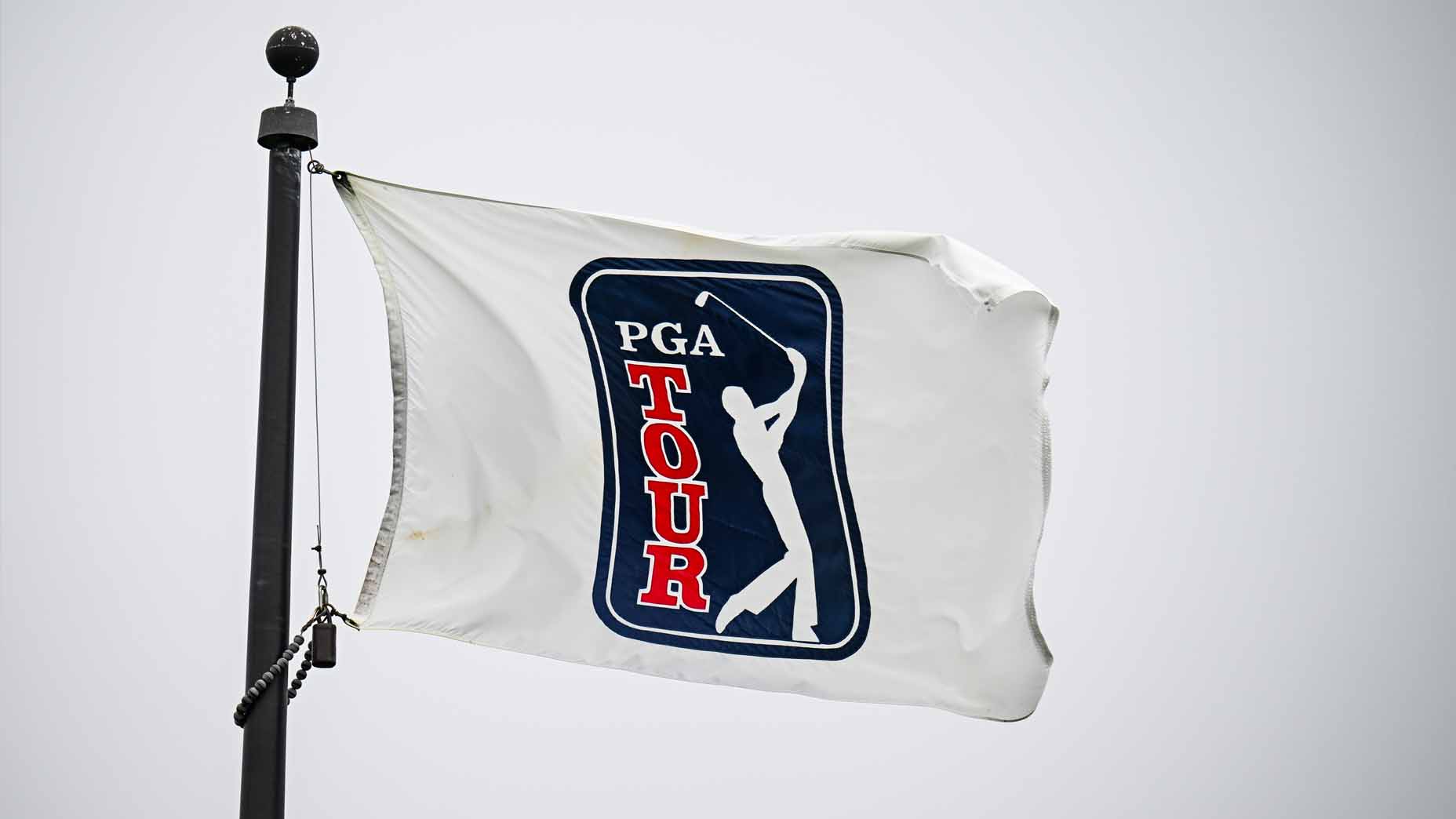 A PGA Tour flag blows in the wind during practice at PGA Tour Q-School in 2023.