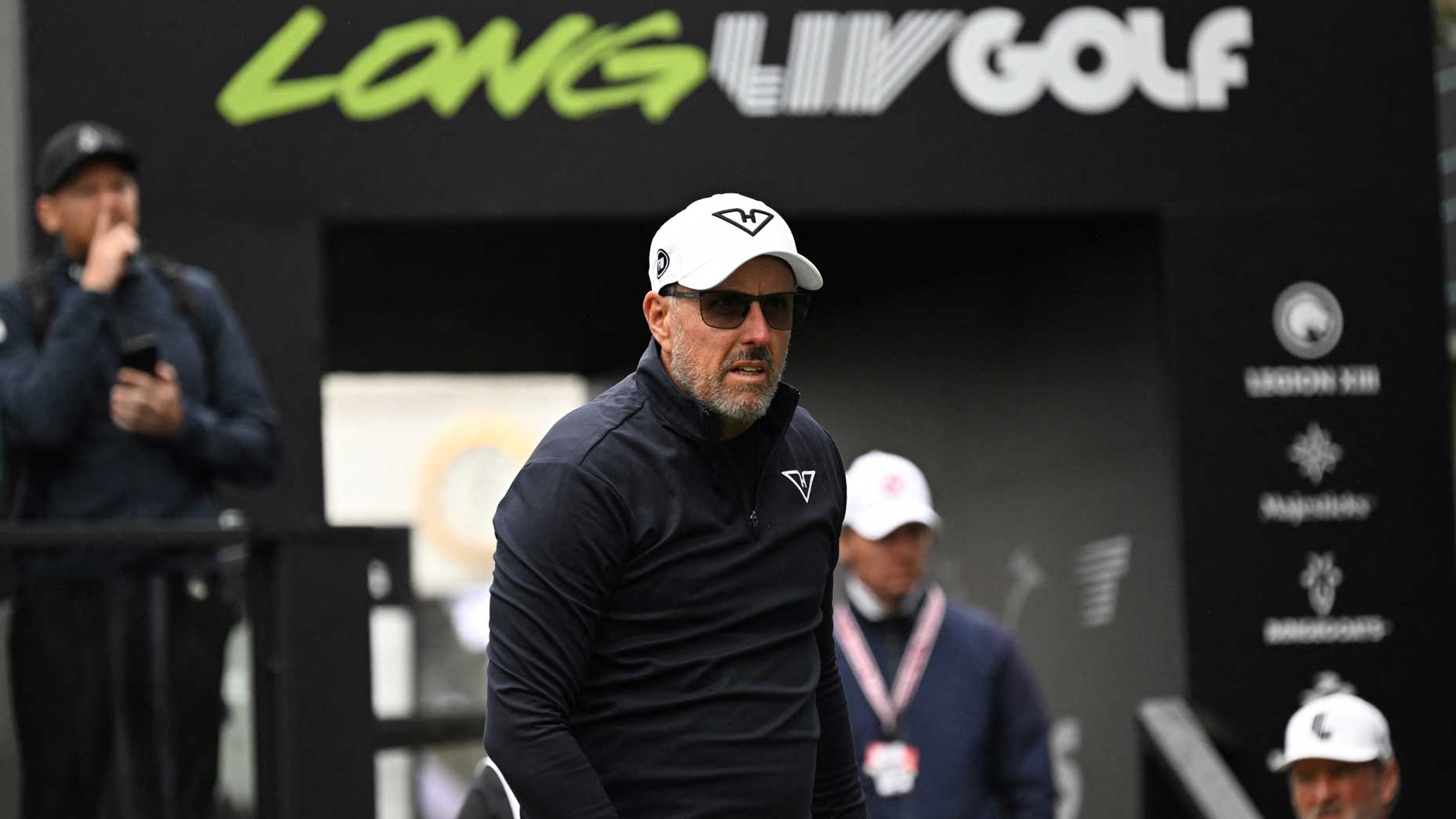 LIV pro Phil Mickelson watches his tee shot on day one of the LIV Golf Hong Kong tournament.