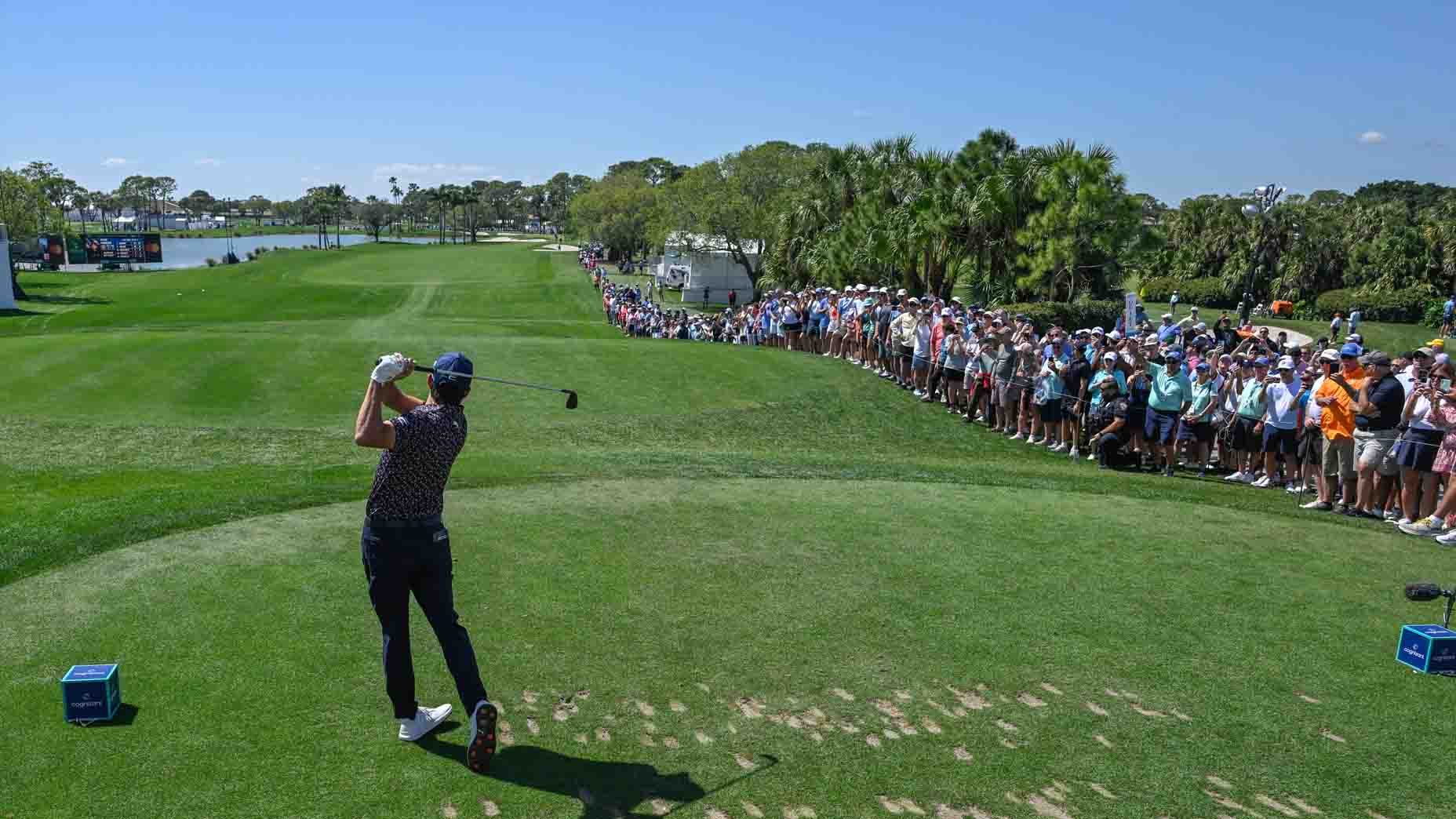 Rickie Fowler hits a tee shot at the 2025 Cognizant Classic.