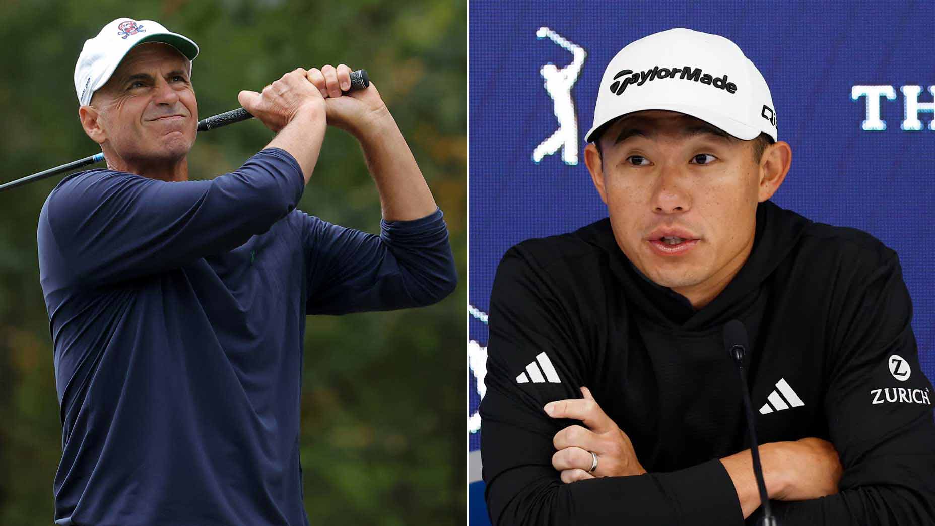 Right: Collin Morikawa speaks during 2025 Players Championship press conference. Left: Rocco Mediate hits shot during PGA Tour Champions event.