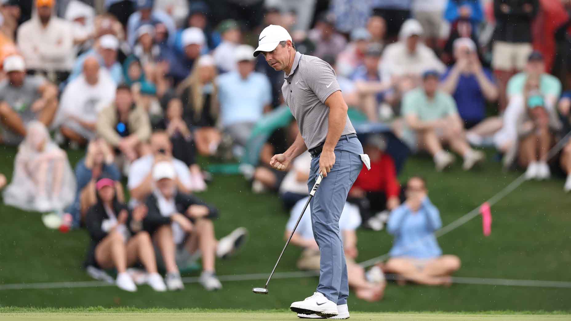 Rory McIlroy celebrates a made putt during the final round of the 2025 Players Championship.