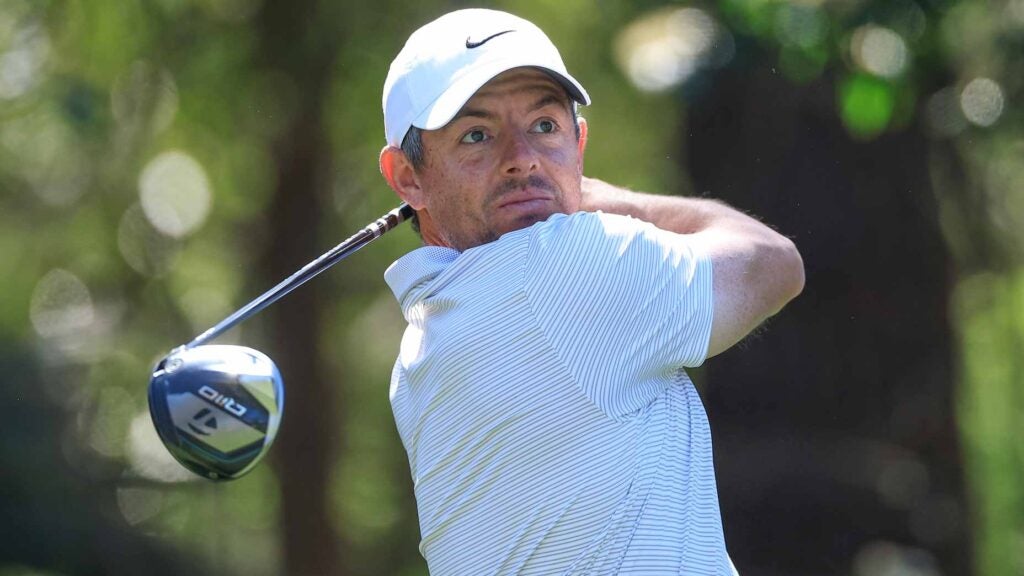 PGA Tour pro Rory McIlroy plays a shot during his practice round prior to the 2025 Players Championship at TPC Sawgrass.