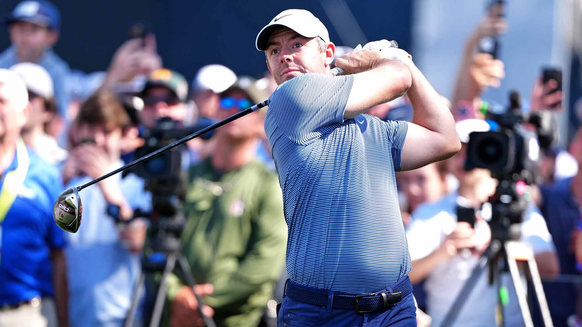 Rory McIlroy hits a shot on the 9th hole during the the 2025 Players Championship at the Stadium Course at TPC Sawgrass.