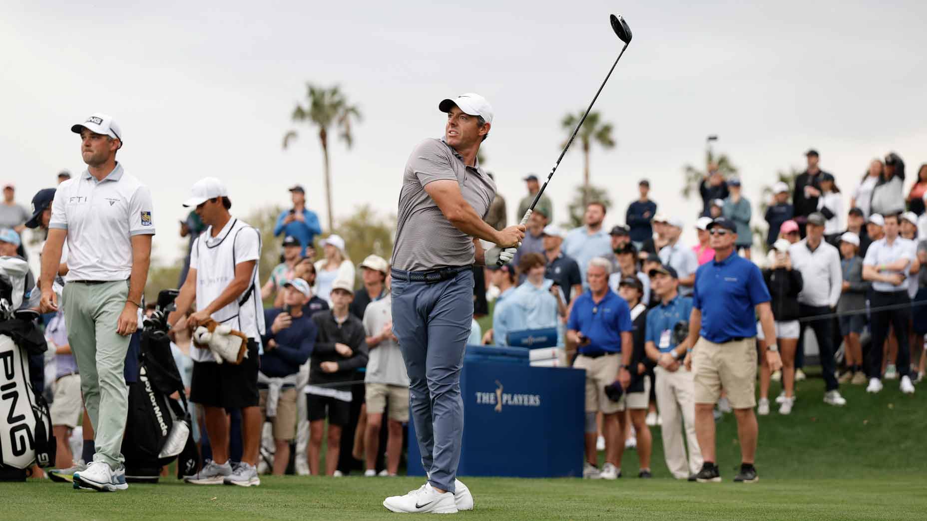 PGA Tour pro Rory McIlroy plays a tee shot on the 16th hole during the final round of the 2025 Players Championship.