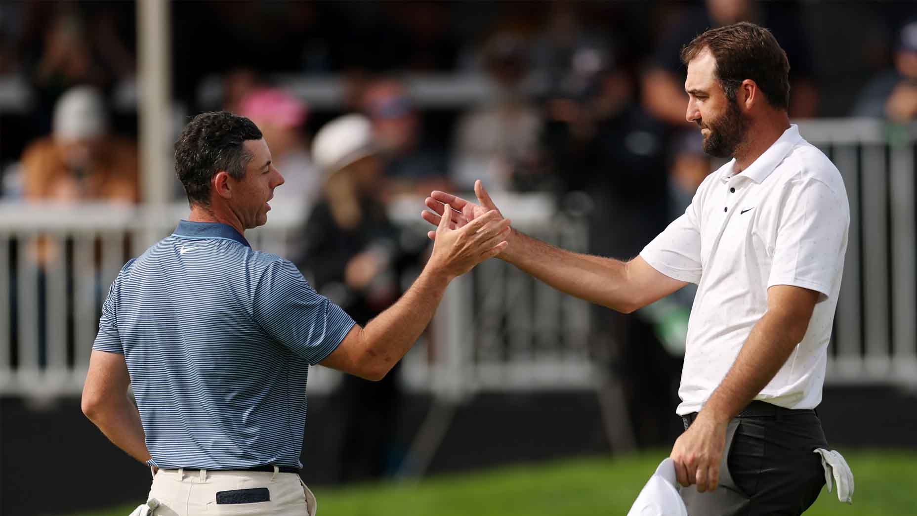 Rory McIlroy and Scottie Scheffler shake hands after final round at the Genesis Invitational