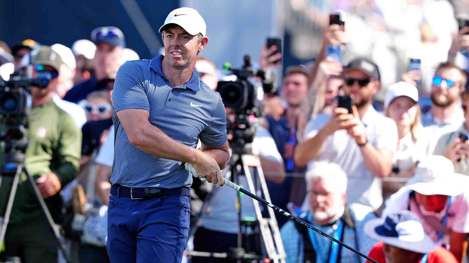 Rory McIlroy hits a tee shot during the first round of the 2025 Players Championship at TPC Sawgrass.