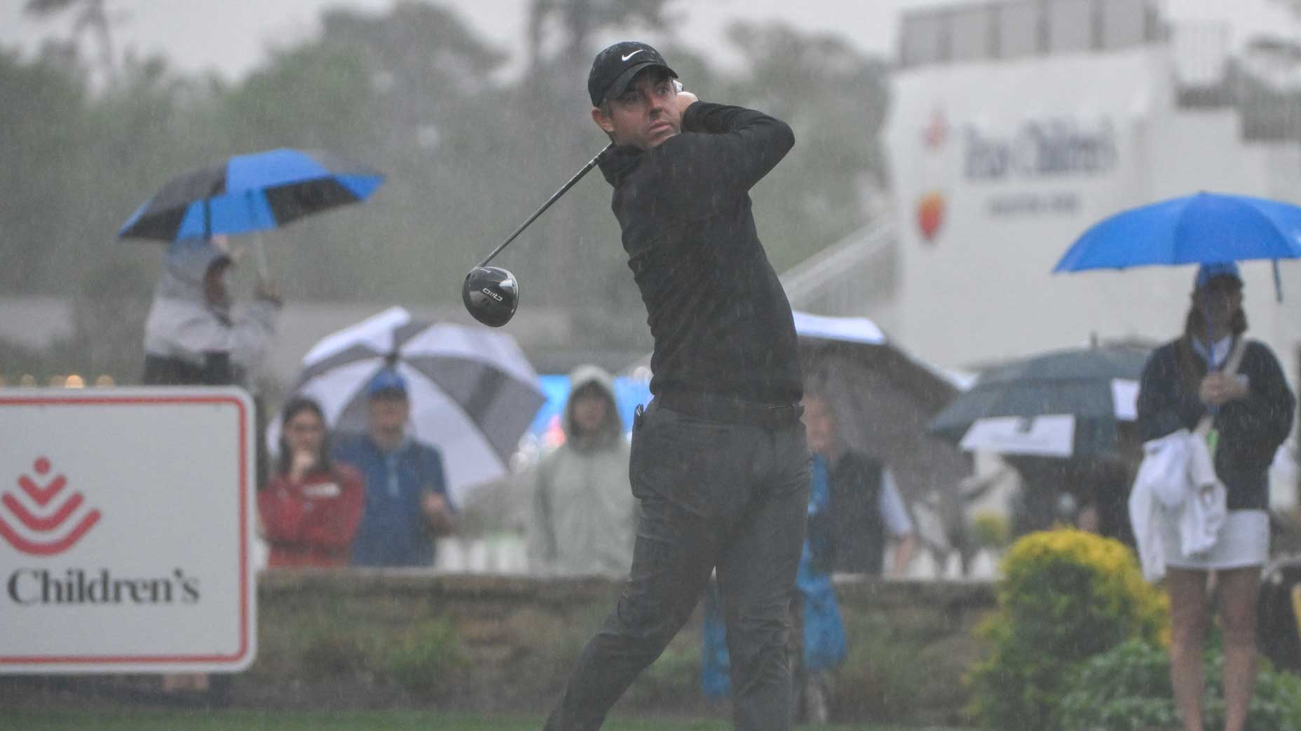 PGA Tour pro Rory McIlroy watches his tee shot during the first round of the 2025 Texas Children's Houston Open at Memorial Park Golf Course