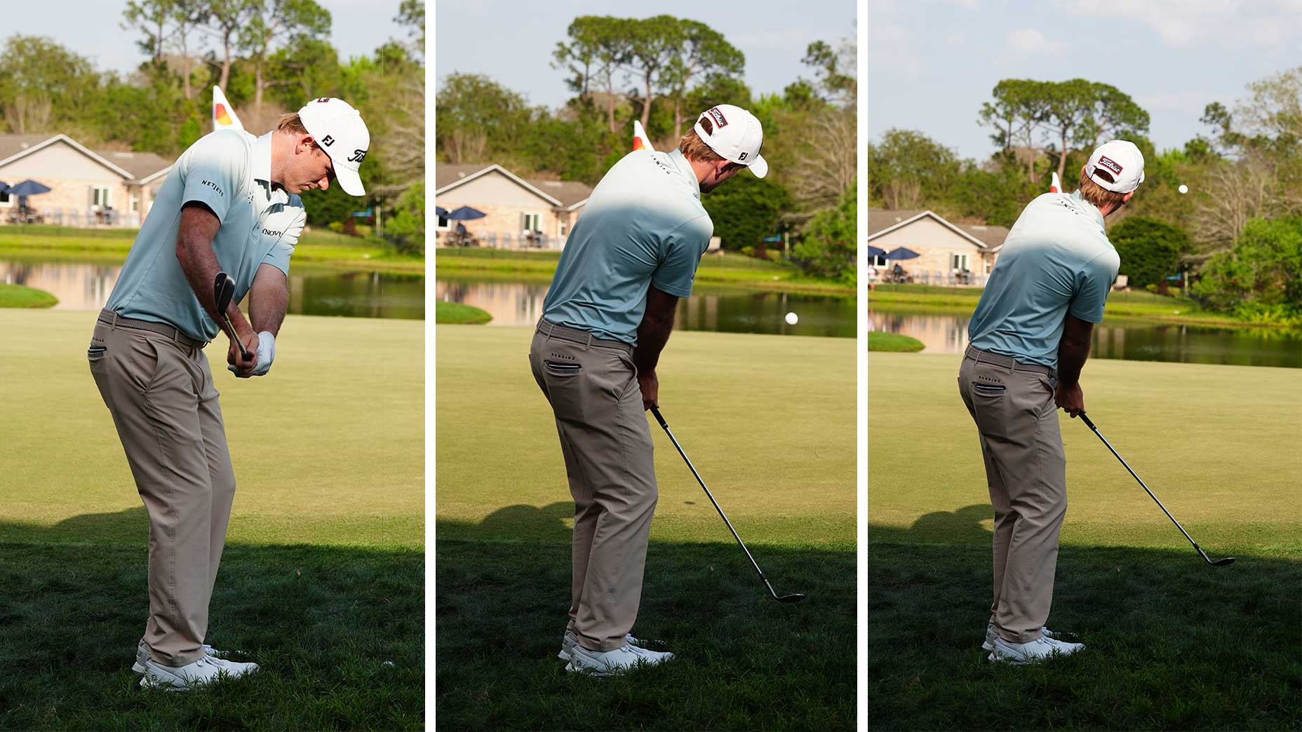 Russell Henley Swings Wedge in Arnold Palmer Defensive in blue shirts with three pictures divided by white lines