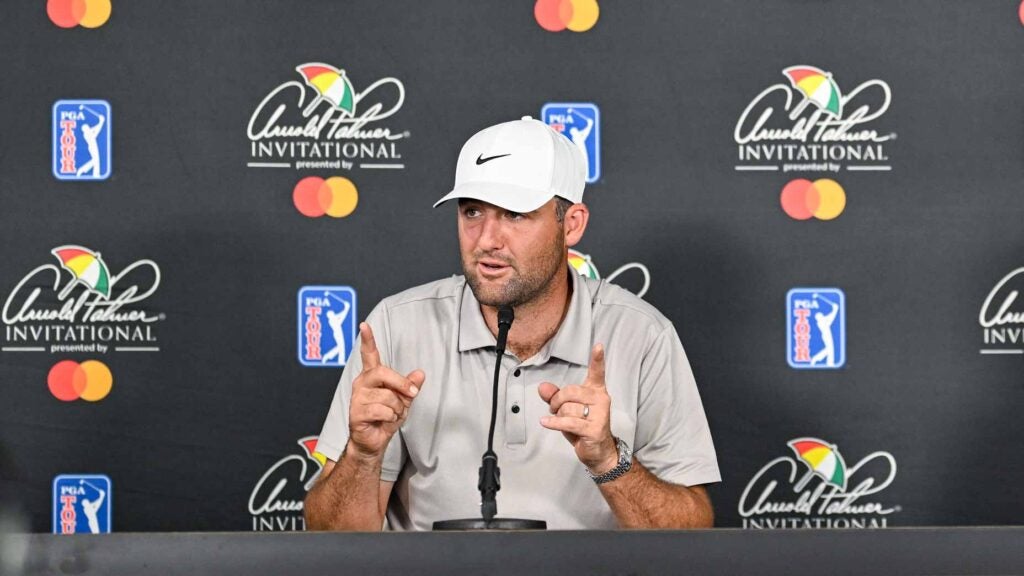 Tour pro Scottie Scheffler pictured during a press conference following practice for the 2025 Arnold Palmer Invitational.