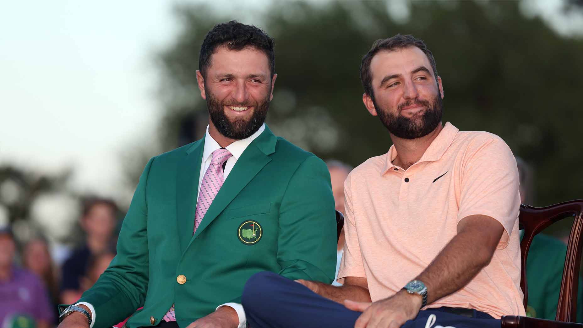 Scottie Scheffler and Jon Rahm speak after the end of 2024 masters.