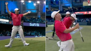 Split image of Tom Kim celebrating TGl chip early, and of Tiger Woods and Max Homa crying with laughter.