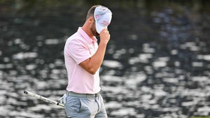 Wyndham Clark reacts to a missing a putt to force a playoff at the 2024 Players Championship.