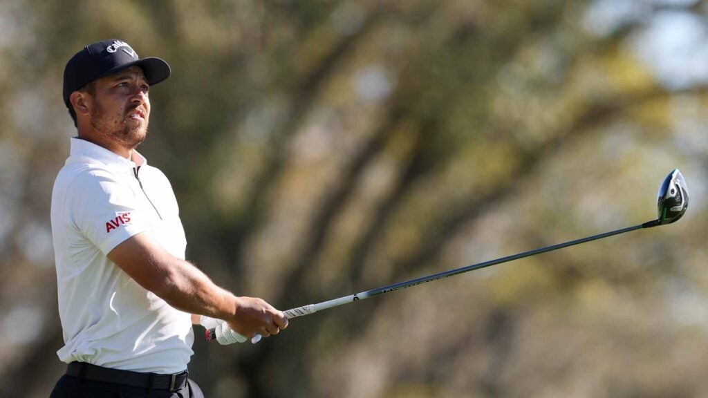 Xander Schauffele hits a tee shot during the first round of the 2025 Arnold Palmer Invitational.