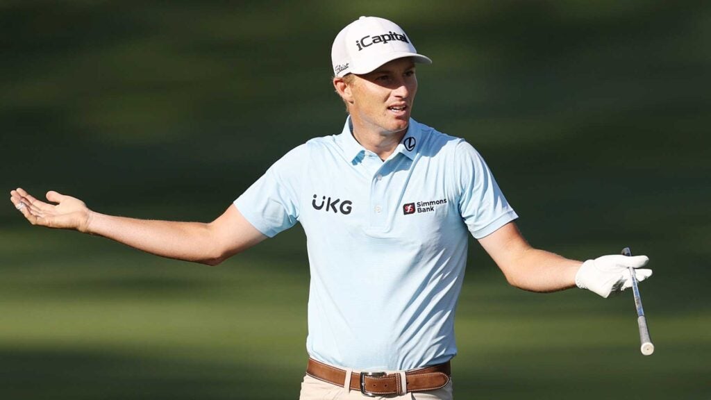 Will Zalatoris was beside himself after his ball finished in the greenside bunker on 14.