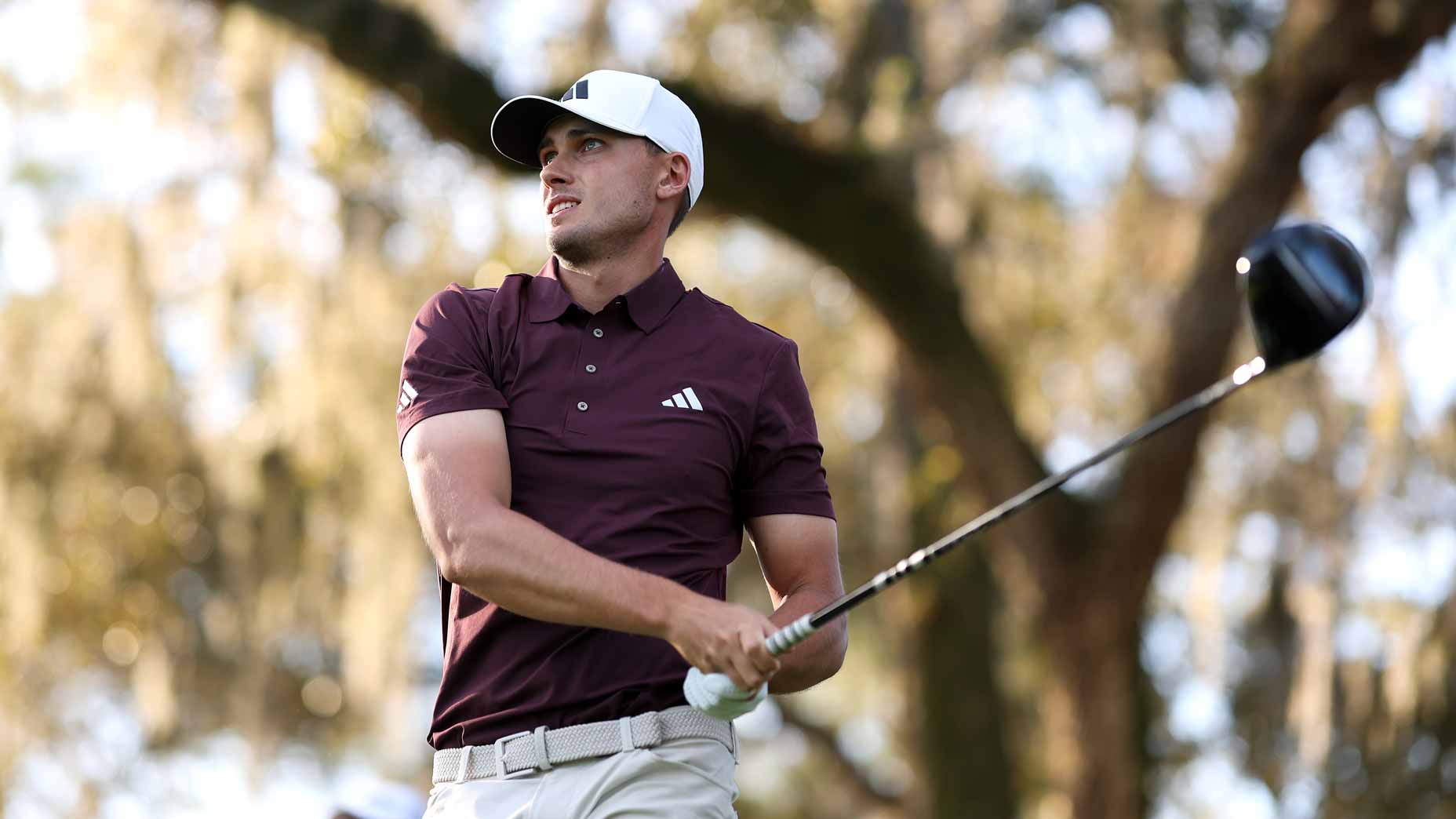 PGA Tour pro Ludvig Aberg, ahead of the 2025 Valero Texas Open, tees off at the 12th during the first round of the Players Championship.