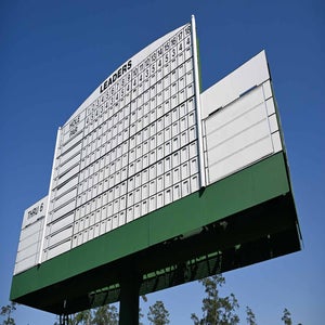 Masters leaderboard signage pictured prior to the 2025 Masters Tournament at Augusta National.