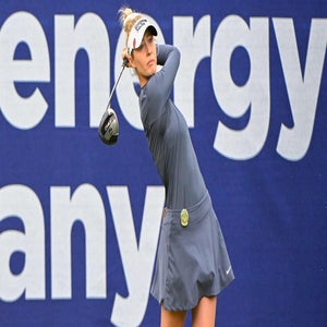 LPGA pro Nelly Korda hits tee shot on 1 during the first round of the 2025 Chevron Championship at The Club at Carlton Woods.