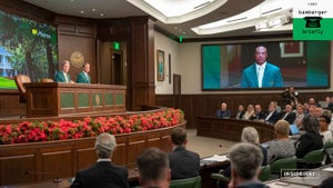 Masters Champion Tiger Woods speaks via a video as Chairman of Augusta National Golf Club and the Masters Tournament Fred S. Ridley speaks to the media in special pre-event press conference prior to the Masters