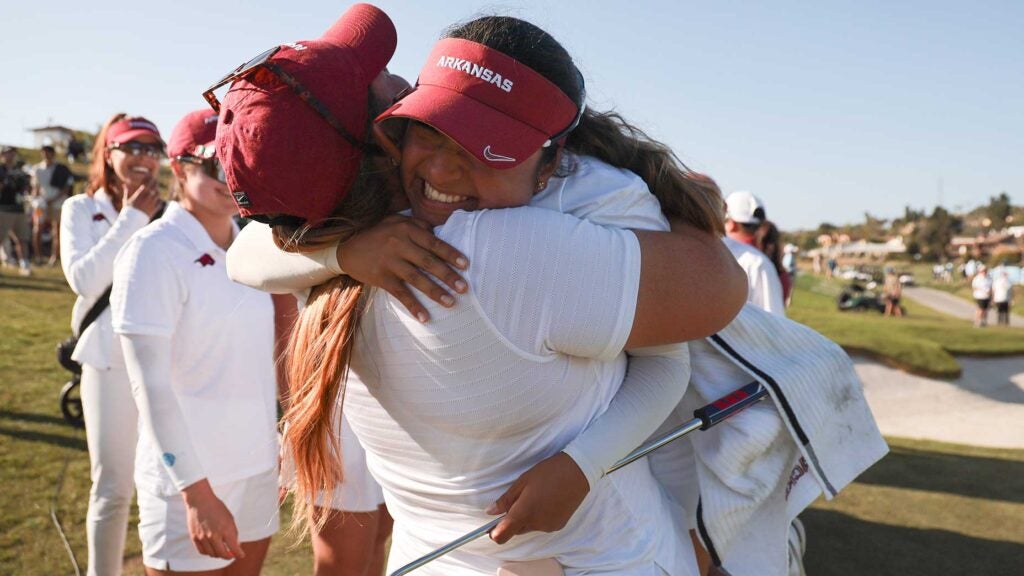 Arkansas sophomore Maria Jose Marin celebrates winning the NCAA Division I Women's Golf Championship on Monday.