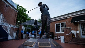 statue of Ben Hogan greets fans as they arrive during the first round of the Charles Schwab Challenge