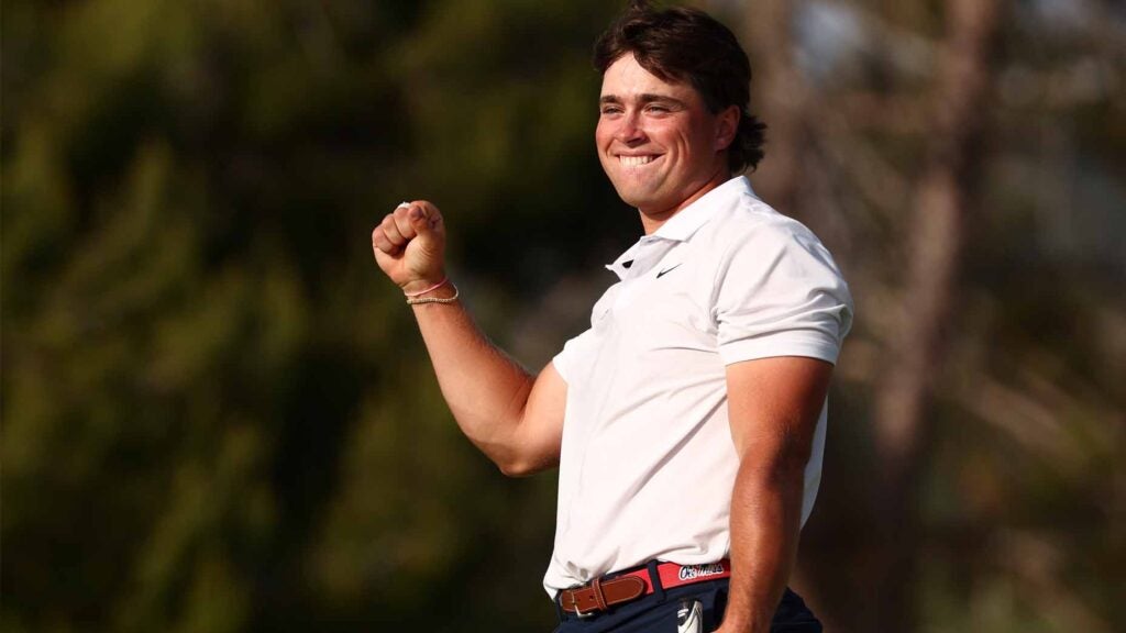 Ole Miss' Michael La Sasso pumps his fist after winning the 2025 NCAA Men's Individual Golf Championship