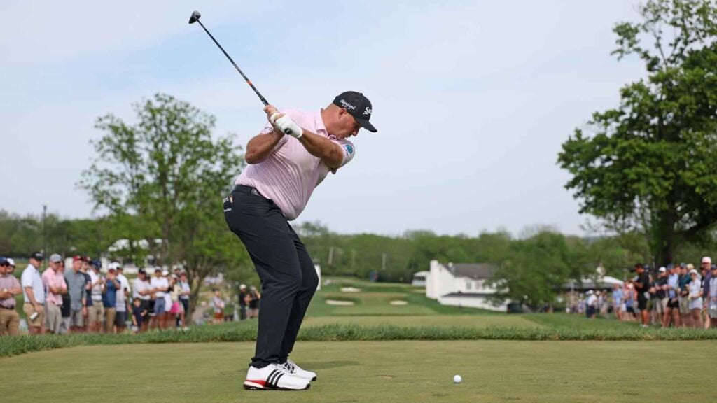 Sepp Straka of Austria plays his shot from the 13th tee during the final round of the Truist Championship 2025