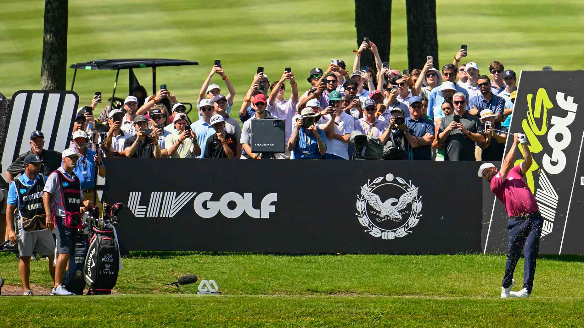 Jon Rahm of Legion XIII tees off at the 11th hole on day two of LIV Golf Virginia at Robert Trent Jones Golf Club on June 07, 2025 in Gainesville, Virginia.