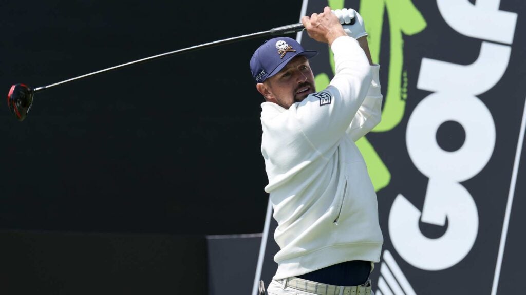 LIV Golf pro Bryson DeChambeau tees off during the 2025 LIV Golf Korea event.