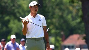 Collin Morikawa reacts to a putt during the third round of the 2025 Rocket Classic