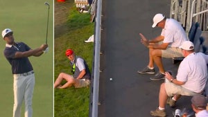 Split image of Tony Finau hitting shot at 2025 U.S. Open (left) and sleeping fan in grandstand (right).
