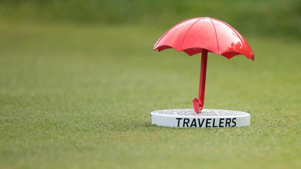 Travelers Championship tee marker pictured during the tournament in 2024.