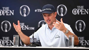 Justin Rose talks during his pre-tournament press conference at the Open Championship