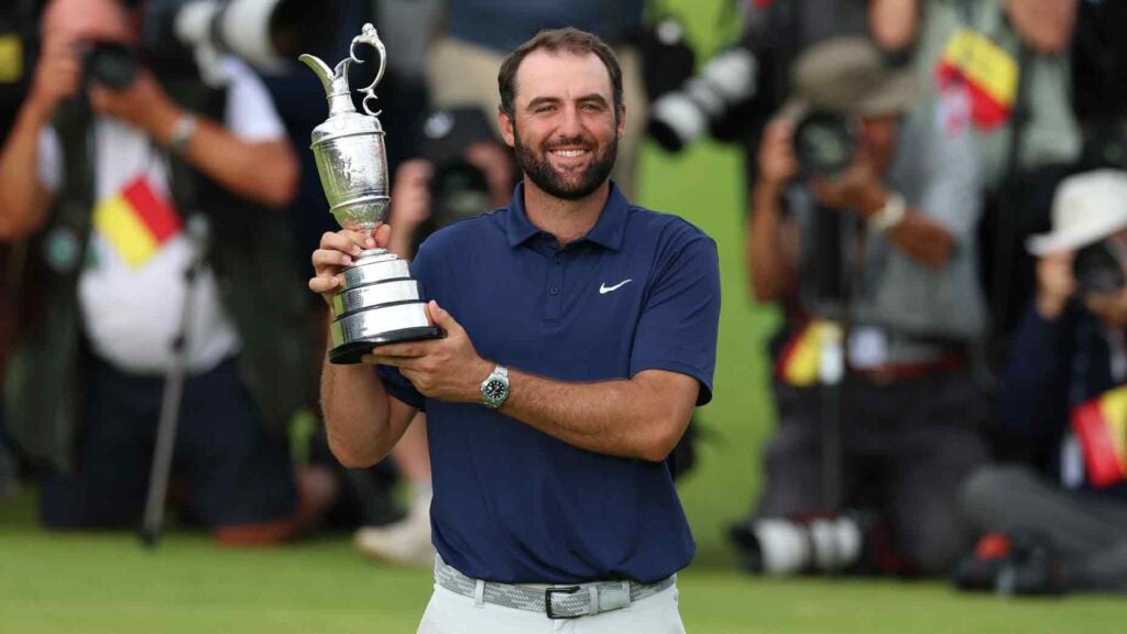 Scottie Scheffler of the United States poses with the Claret Jug following his victory on day four of The 153rd Open Championship at Royal Portrush Golf Club on July 20, 2025 in Portrush, Northern Ireland.