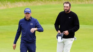 Jordan Spieth and USA's Scottie Scheffler after their rounds on the 18th during day two of The Open at Royal Troon,