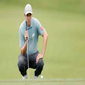 Matthew Fitzpatrick of England lines up a putt on the tenth green during the second round of the Wyndham Championship 2025 at Sedgefield Country Club on August 01, 2025 in Greensboro, North Carolina.