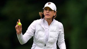Juli Inkster of the United States acknowledges the crowd after a putt on the first green during the second round of The Standard Portland Classic 2025