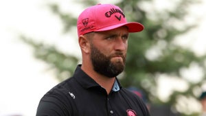 Jon Rahm of Legion XIII looks on from the first tee on day three of LIV Golf Indianapolis at The Club at Chatham Hill
