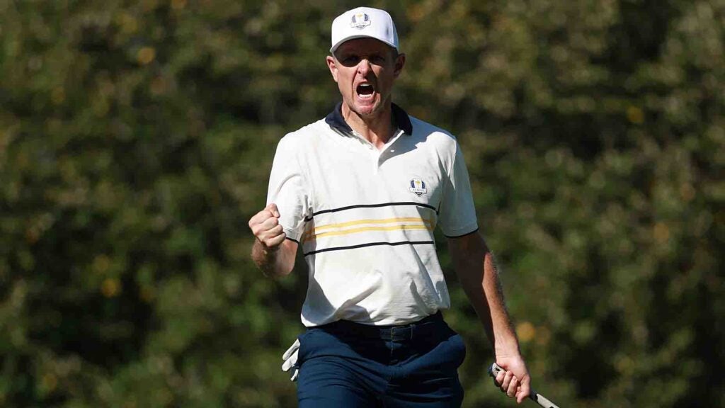 Justin Rose reacts to a made putt at the 2025 Ryder Cup.