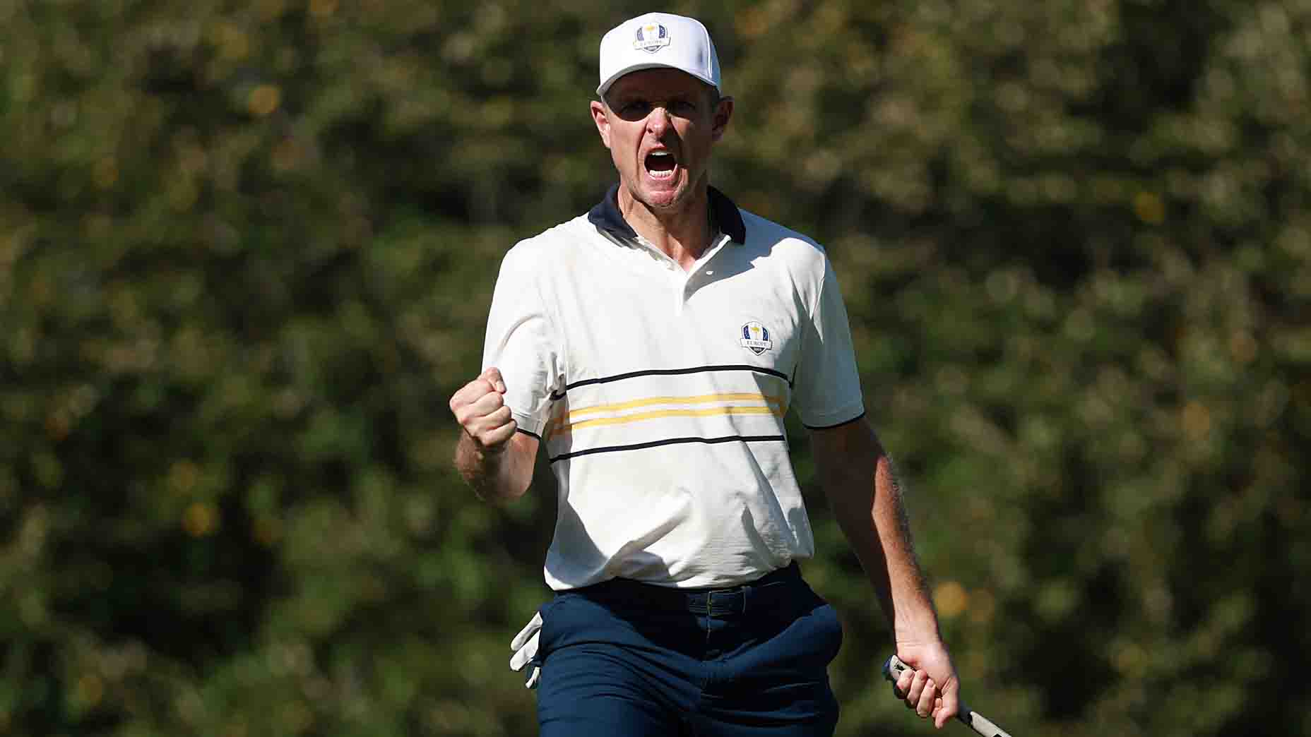Justin Rose reacts to a made putt at the 2025 Ryder Cup.