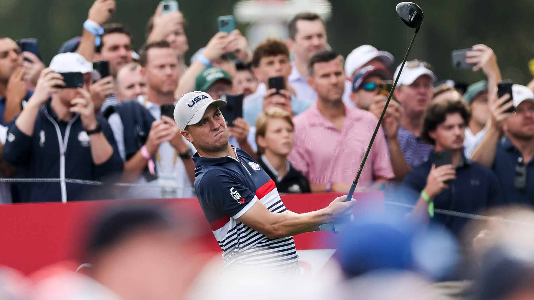 Justin Thomas plays shot during the 2025 Ryder Cup at Bethpage Black.