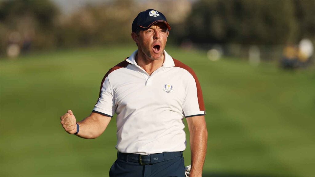 Rory McIlroy celebrates after winning a hole at the 2023 Ryder Cup