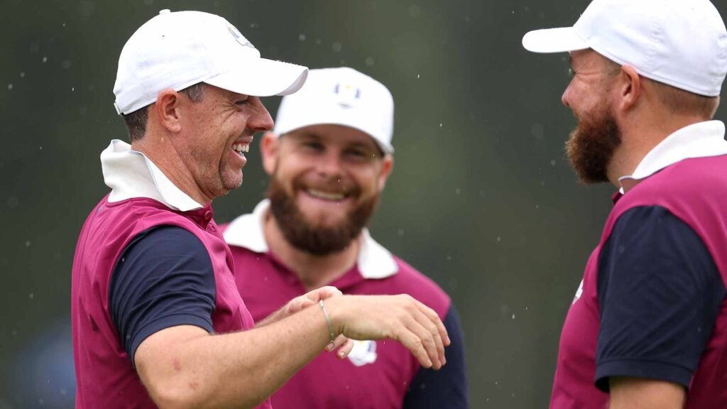 Ryder Cup pro Rory McIlroy smiles during a practice round at Bethpage Black.
