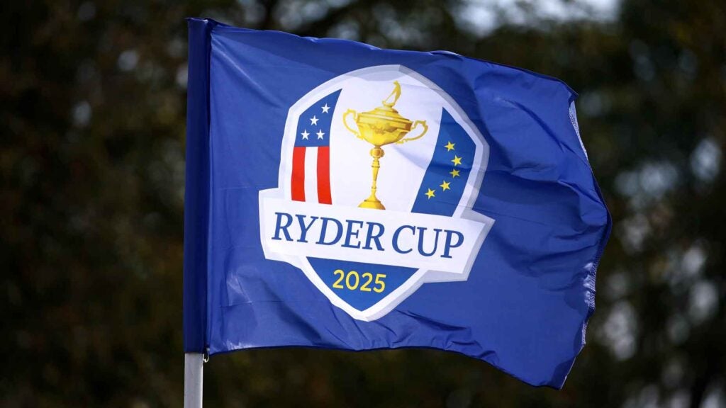 A general view of a Ryder Cup flag before the 2025 Ryder Cup at Black Course at Bethpage State Park Golf Course in Farmingdale, New York, USA.