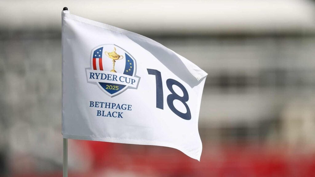 Ryder Cup Sunday channel: 18th hole flag pictured at Bethpage Black.
