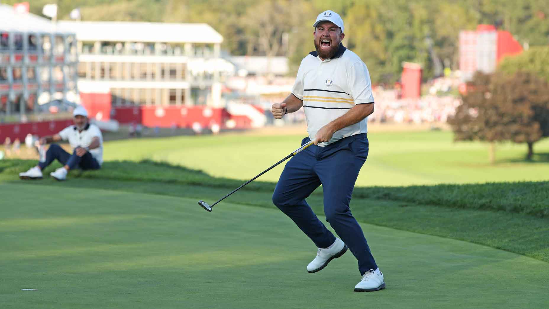 shane lowry celebrates sinking the winning putt at the 2025 Ryder Cup