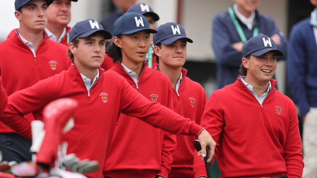 U.S. players Jacob Modelski (from left), Ethan Fang, Jackson Koivun and Michael La Sasso look on during the Friday practice round at the Walker Cup.