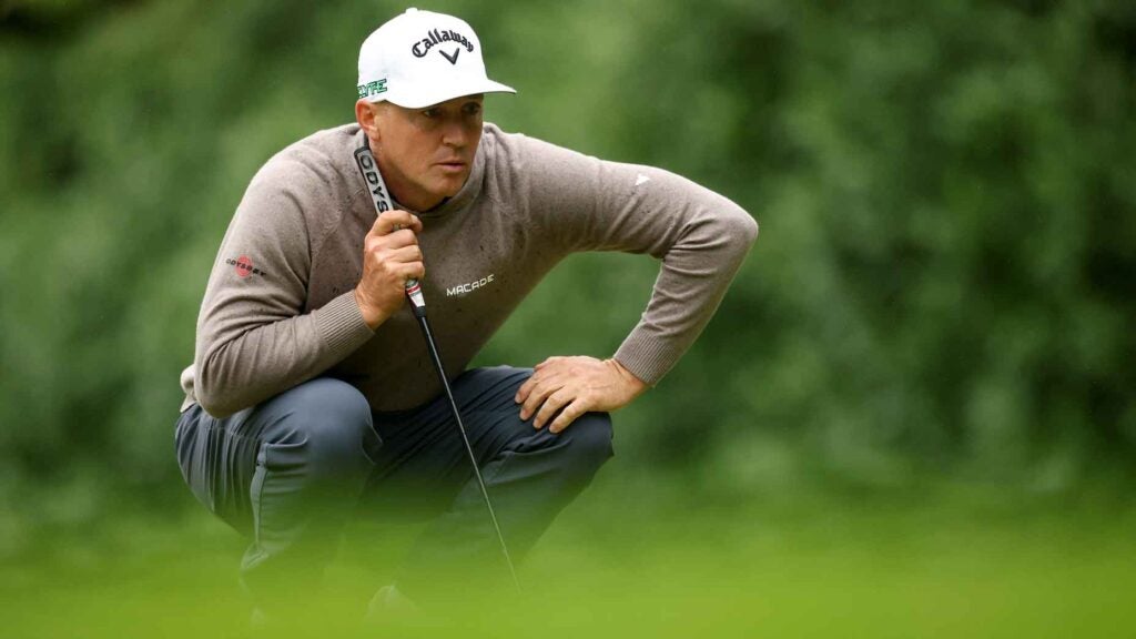Alex Noren of Sweden lines up a putt on the 16th green on day four of the BMW PGA Championship 2025 at Wentworth Golf Club on September 14, 2025 in Virginia Water, England.